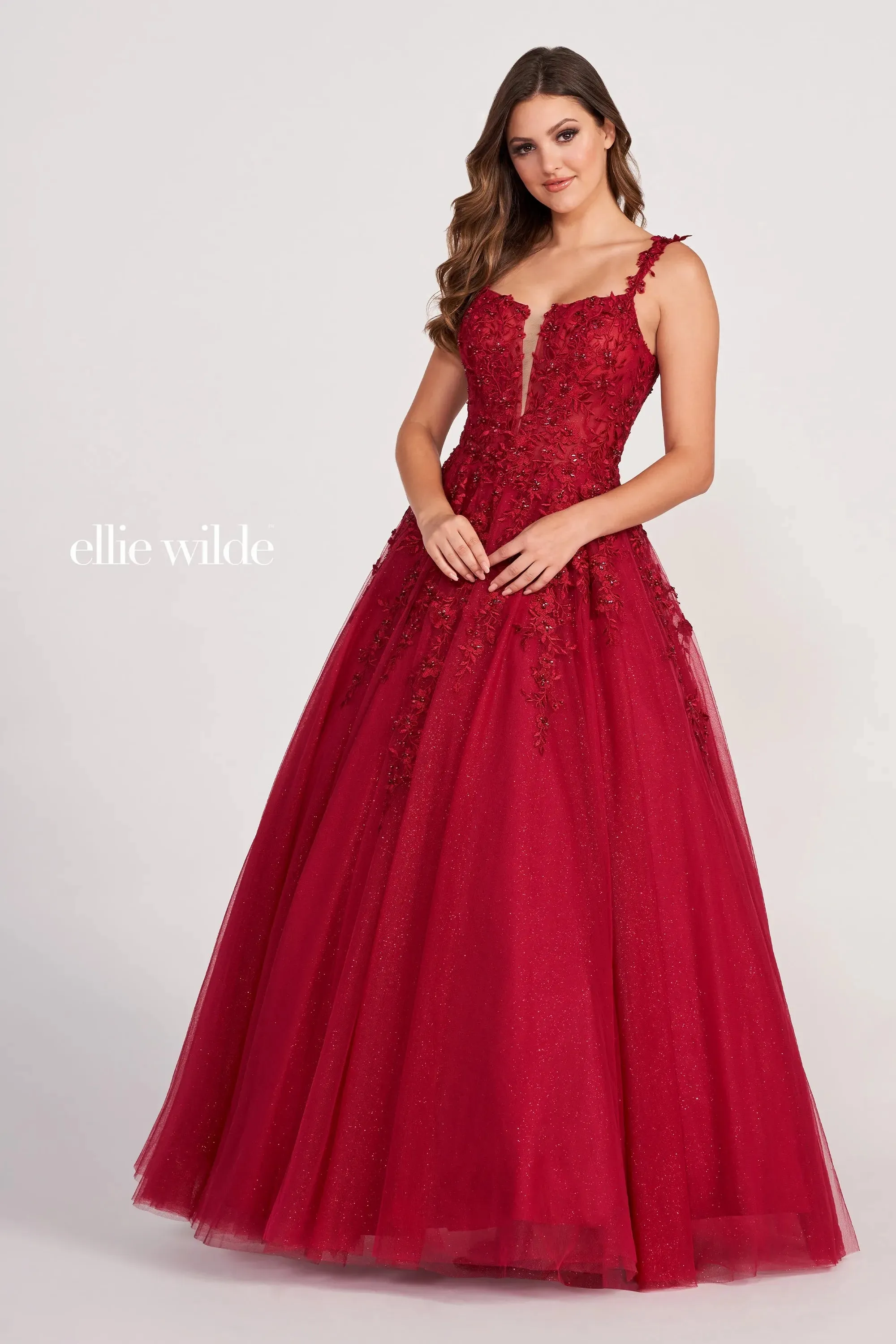 Ellie Wilde EW120014 Long Sheer Lace Shimmer Ballgown Prom Dress V Neck Formal Gown