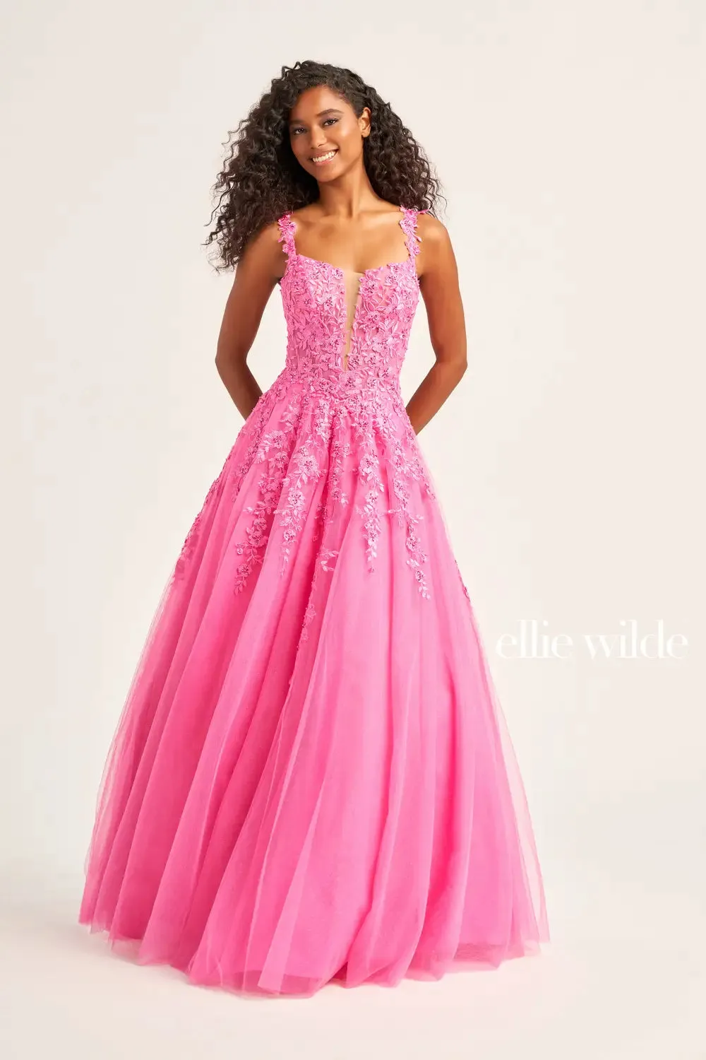 Ellie Wilde EW120014 Long Sheer Lace Shimmer Ballgown Prom Dress V Neck Formal Gown