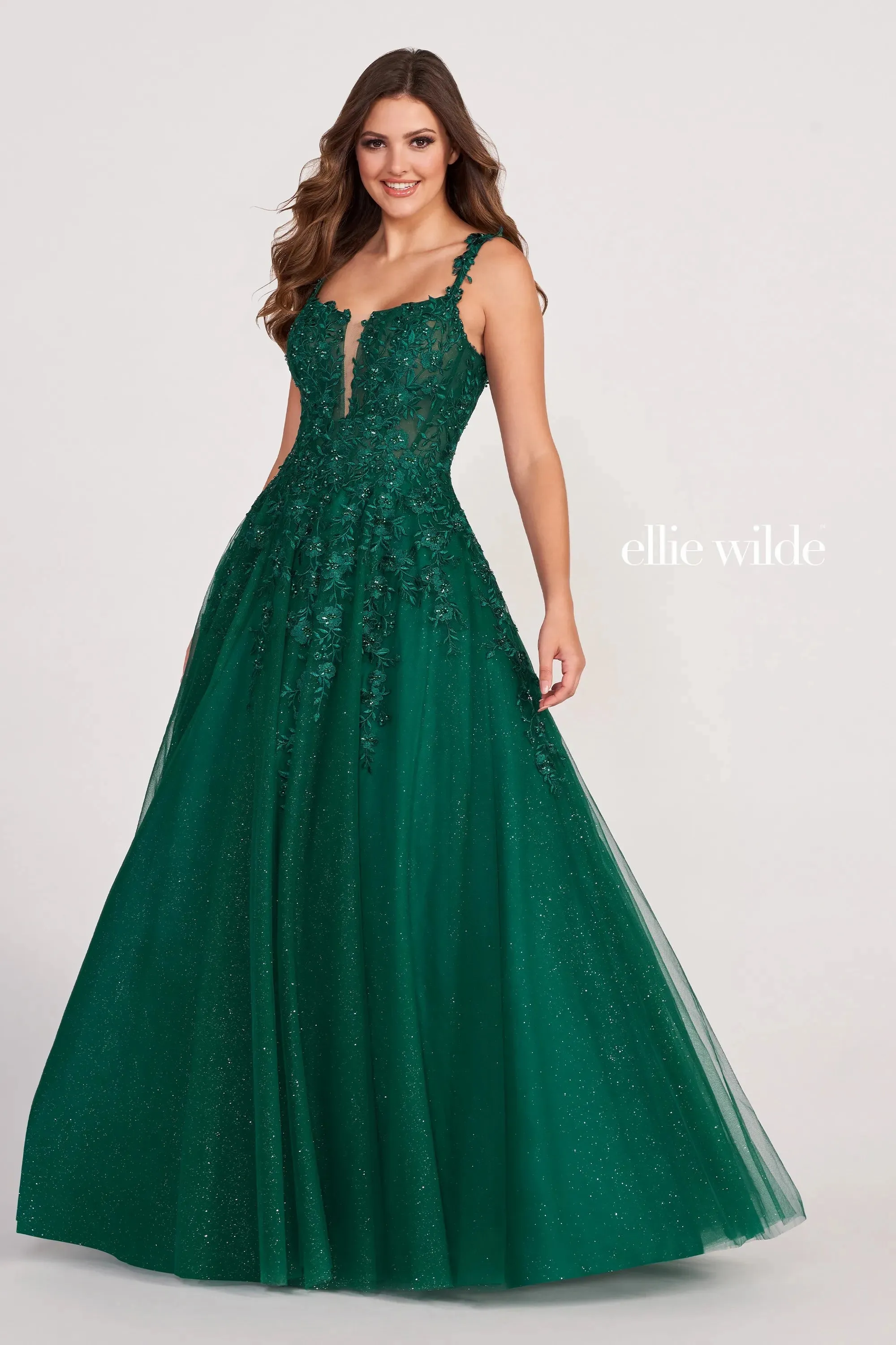 Ellie Wilde EW120014 Long Sheer Lace Shimmer Ballgown Prom Dress V Neck Formal Gown