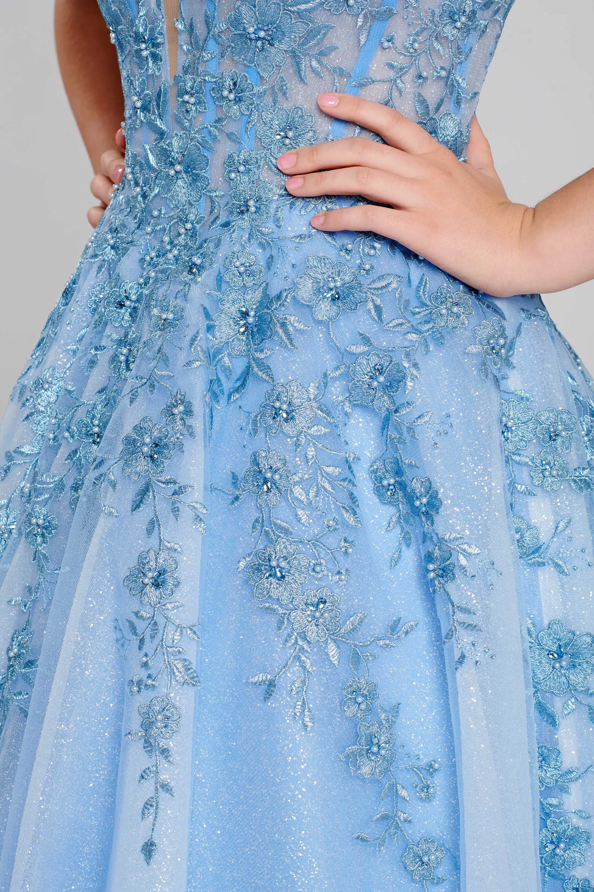 Ellie Wilde EW120014 Long Sheer Lace Shimmer Ballgown Prom Dress V Neck Formal Gown