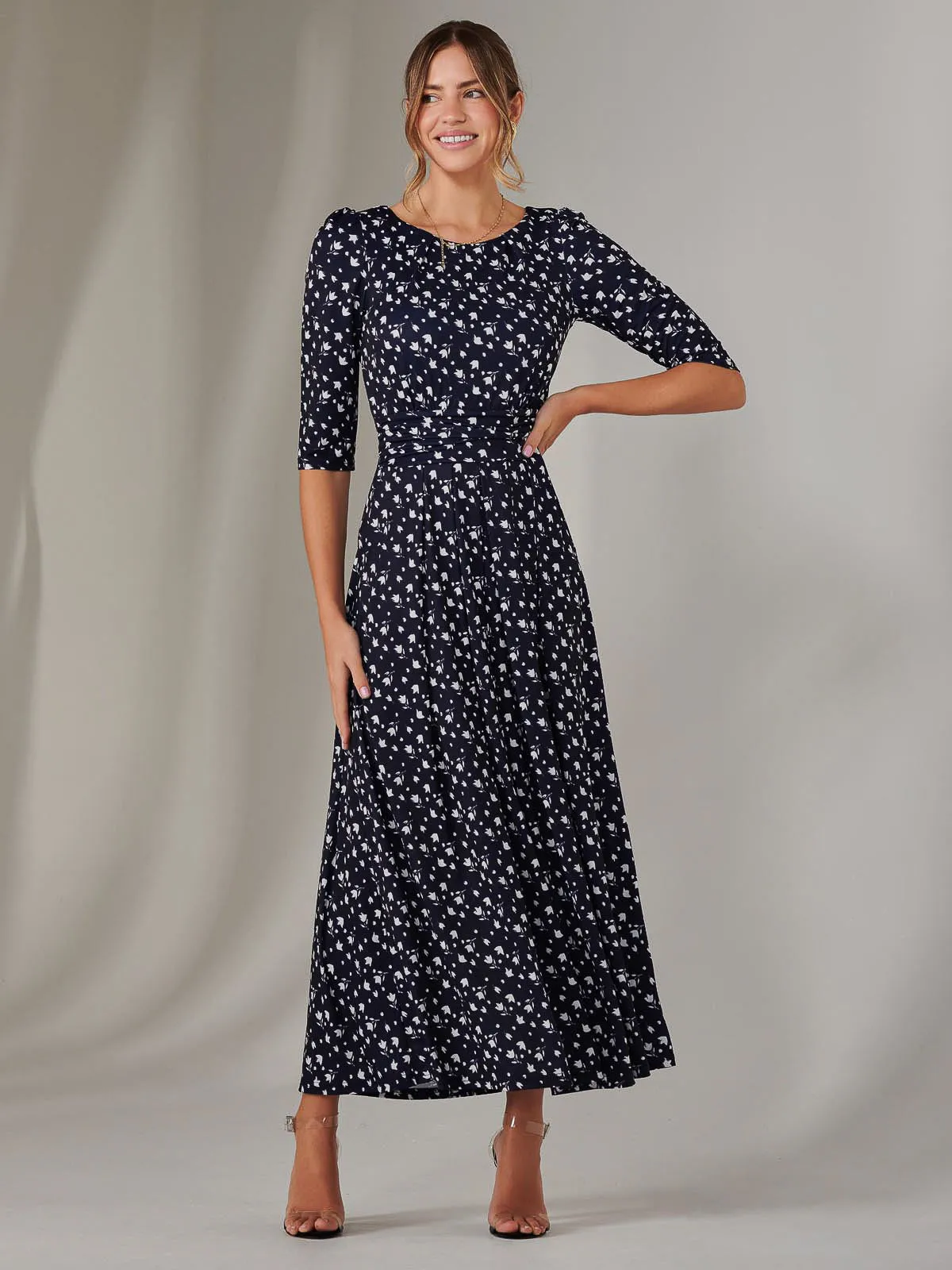 Enya 3/4 Sleeve Jersey Midaxi Dress, Navy White Floral