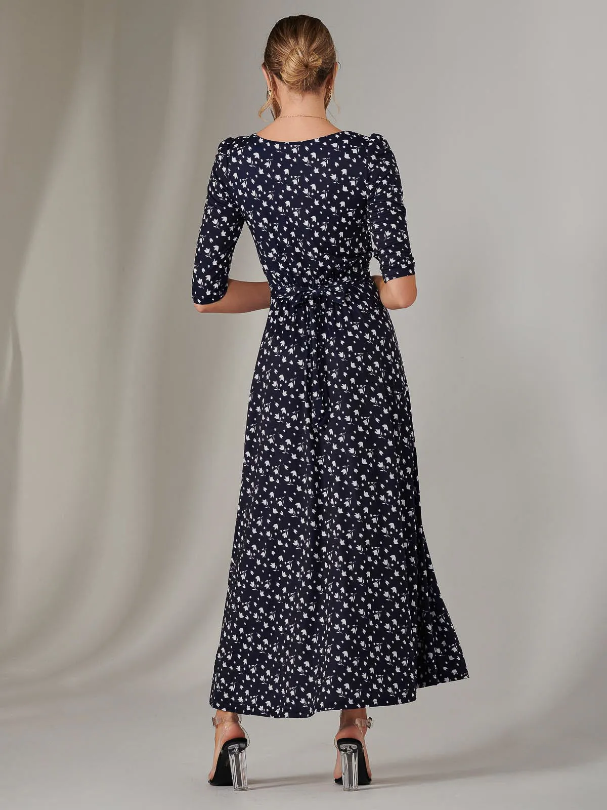 Enya 3/4 Sleeve Jersey Midaxi Dress, Navy White Floral