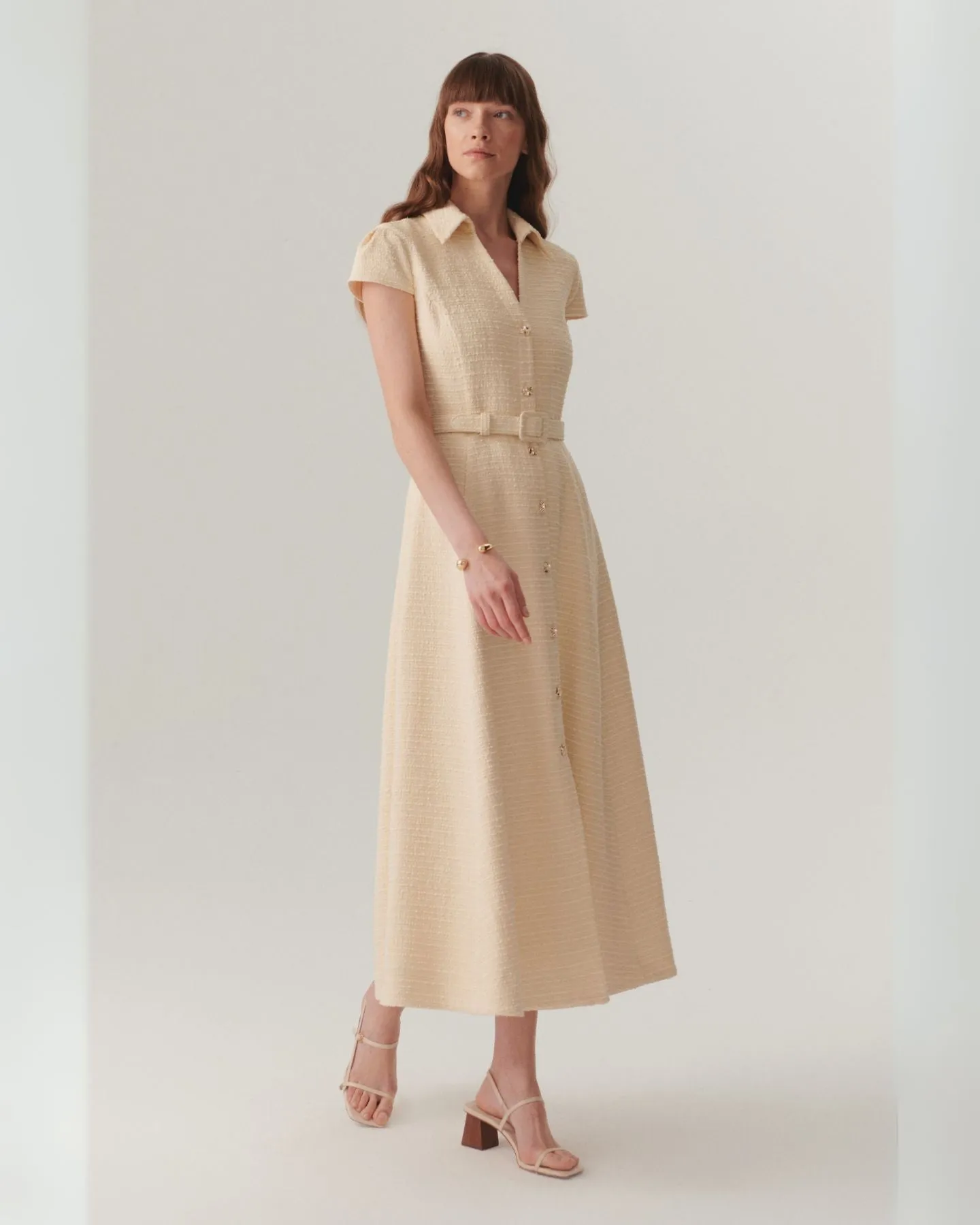 Exquise Savannah Off-White Tweed Style Midi Length Shirt Dress
