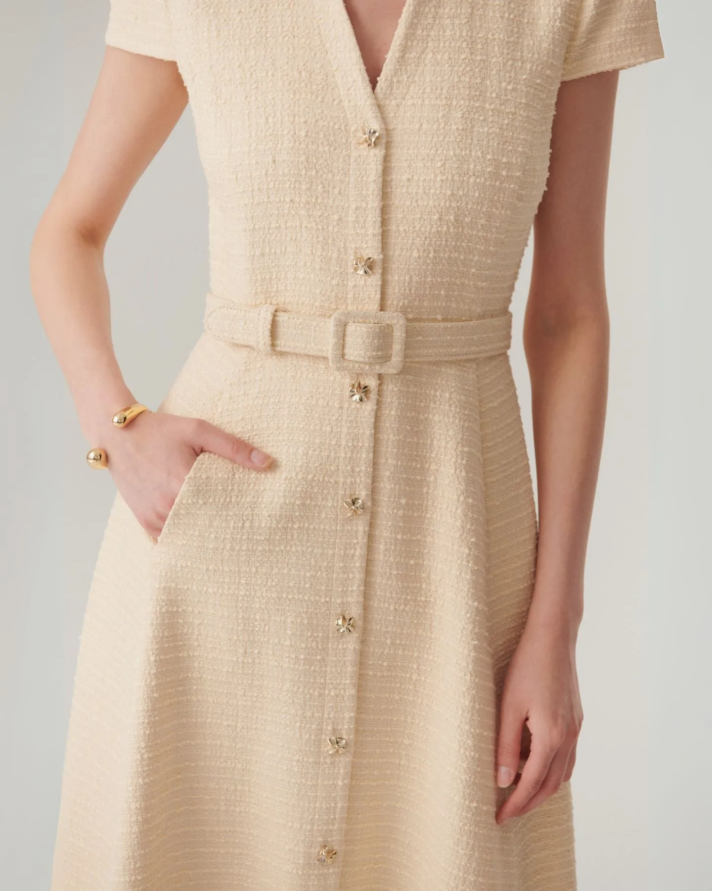 Exquise Savannah Off-White Tweed Style Midi Length Shirt Dress