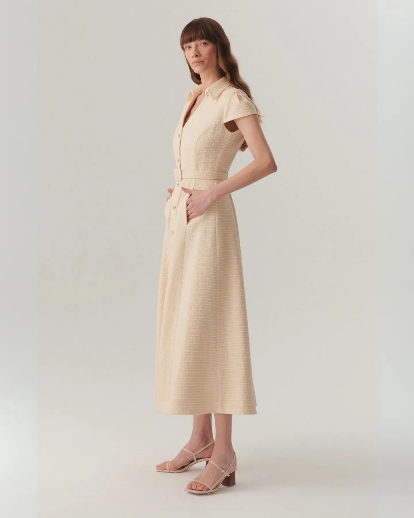 Exquise Savannah Off-White Tweed Style Midi Length Shirt Dress
