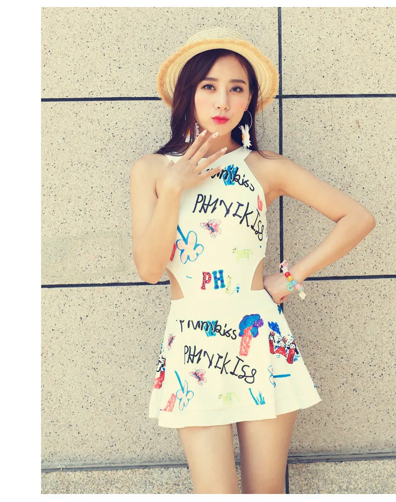 Graffiti Flattering One-Piece Swimsuit Women Sexy Printed Shorts Swimwear