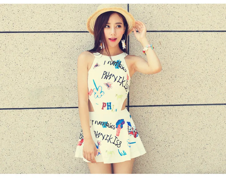 Graffiti Flattering One-Piece Swimsuit Women Sexy Printed Shorts Swimwear