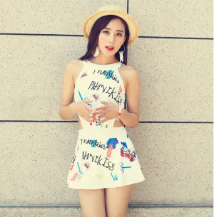 Graffiti Flattering One-Piece Swimsuit Women Sexy Printed Shorts Swimwear