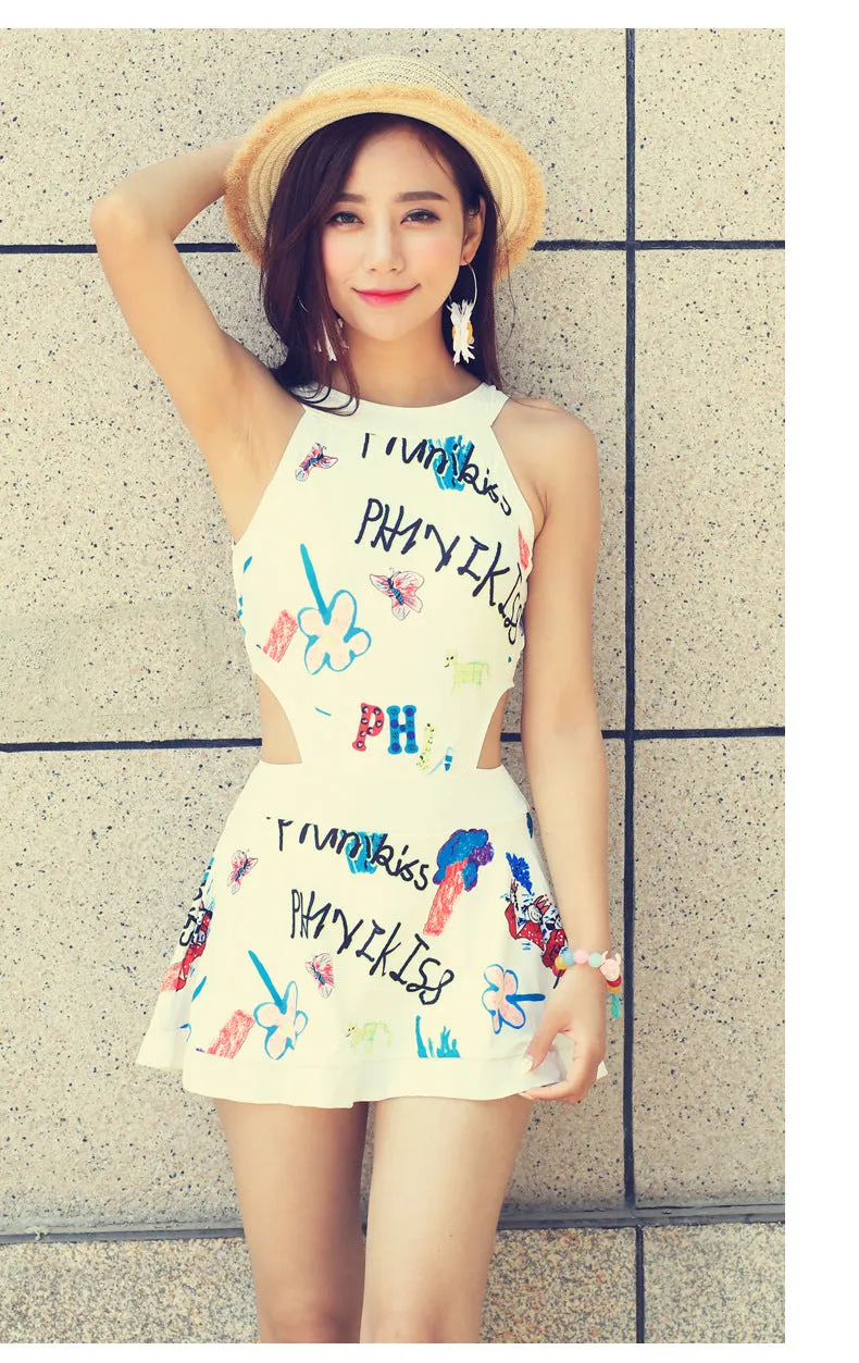 Graffiti Flattering One-Piece Swimsuit Women Sexy Printed Shorts Swimwear