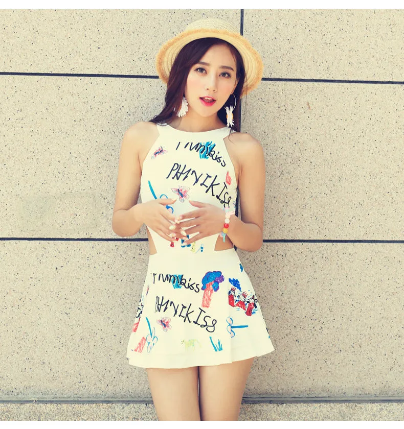 Graffiti Flattering One-Piece Swimsuit Women Sexy Printed Shorts Swimwear