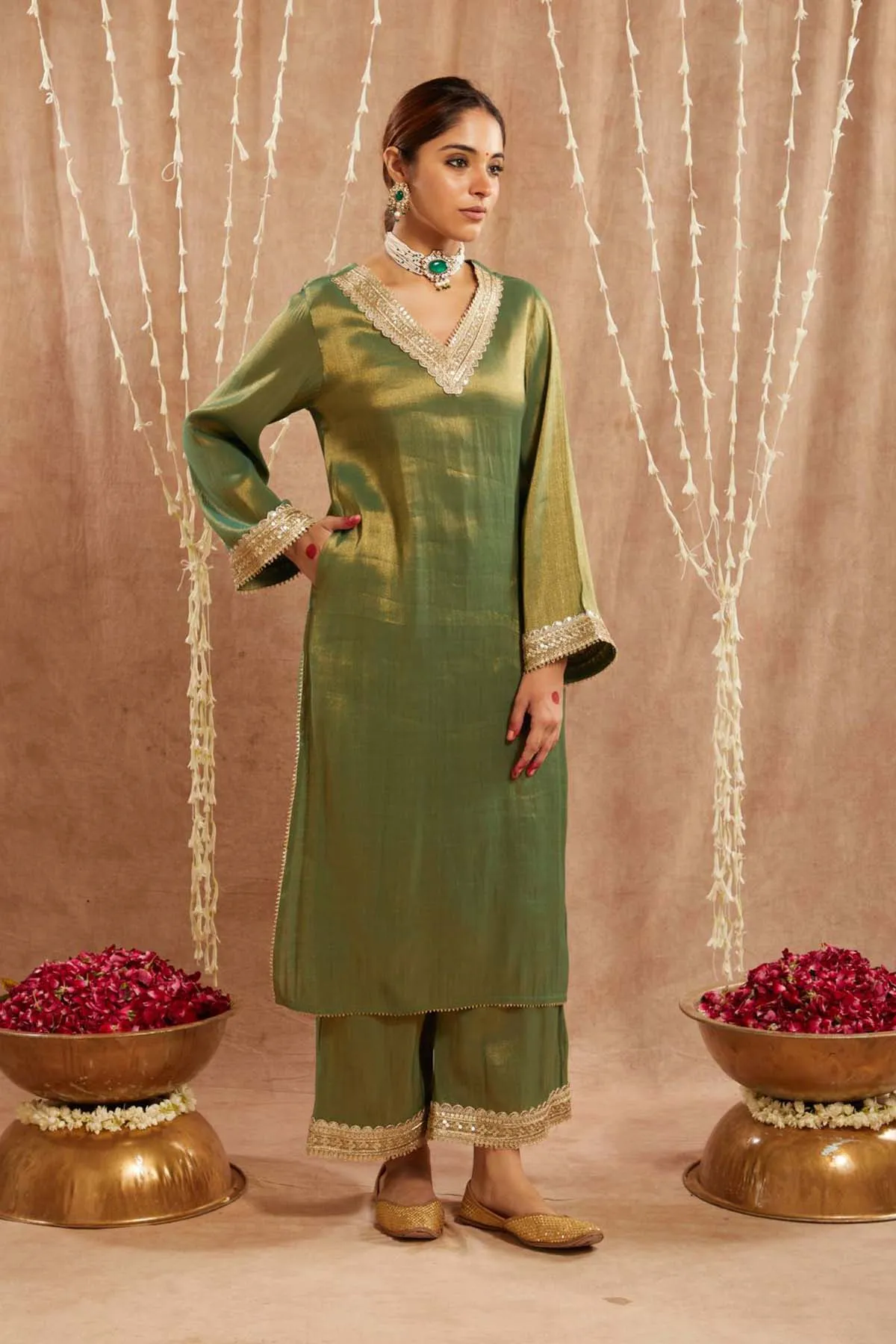 Green Sequins Gota Kurta Set