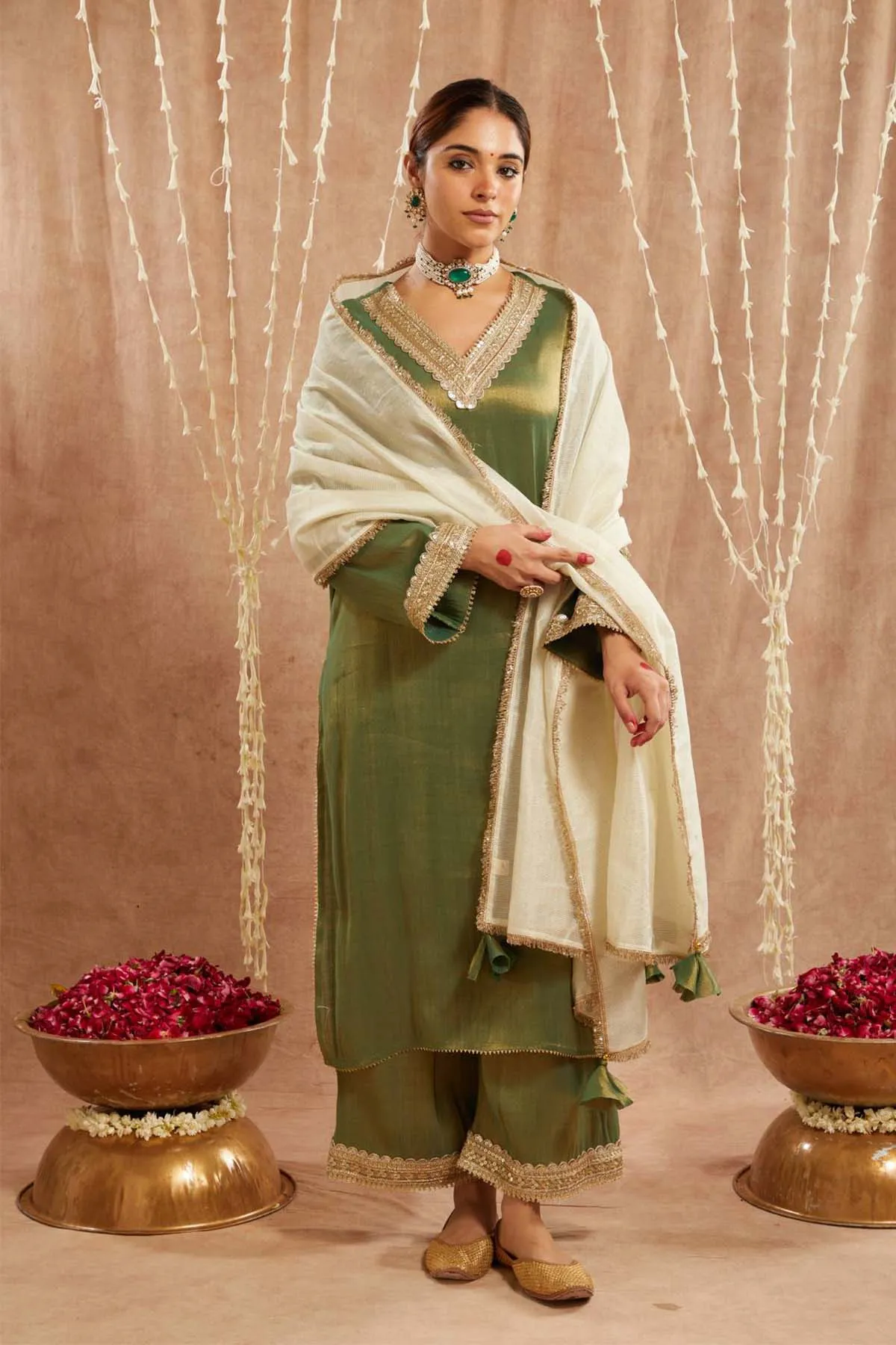 Green Sequins Gota Kurta Set