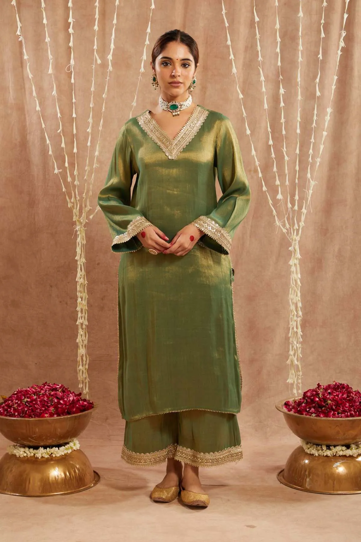 Green Sequins Gota Kurta Set