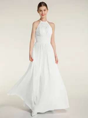 Halter Chiffon And Lace Long Dresses Ivory Plus Size