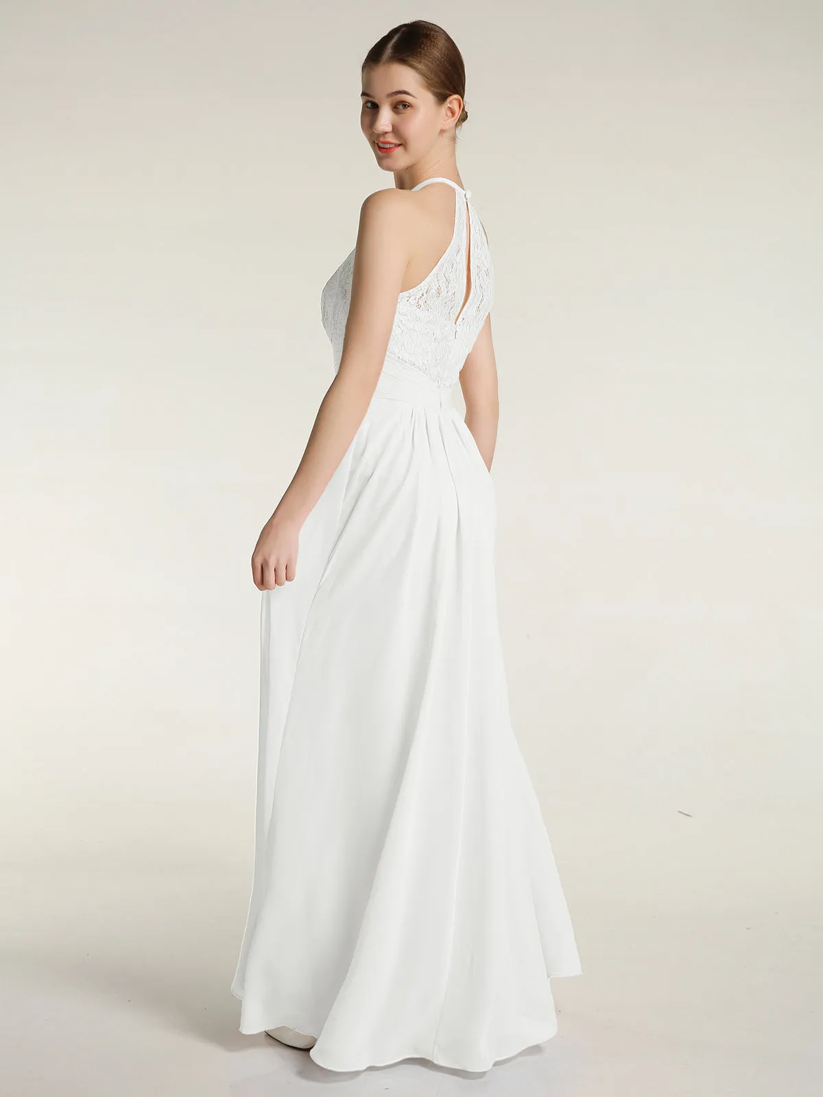 Halter Chiffon And Lace Long Dresses Ivory Plus Size