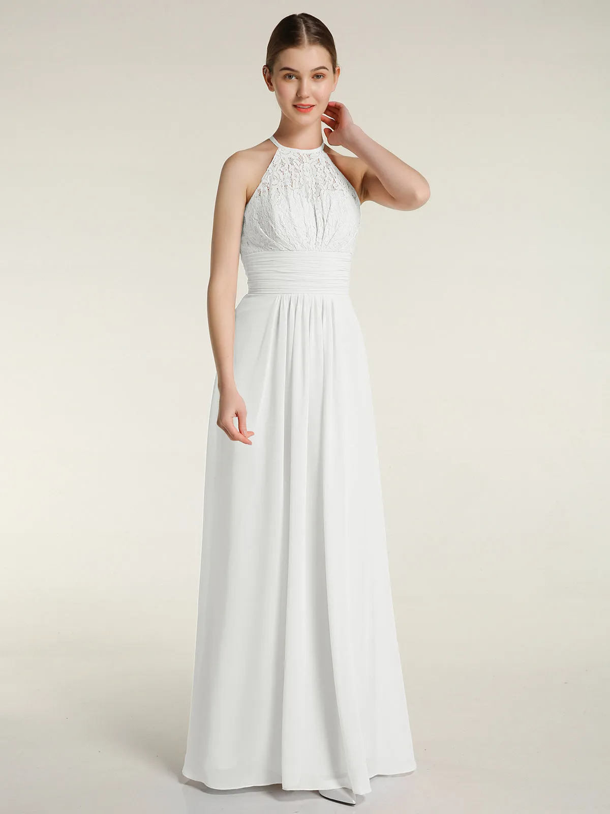 Halter Chiffon And Lace Long Dresses Ivory Plus Size