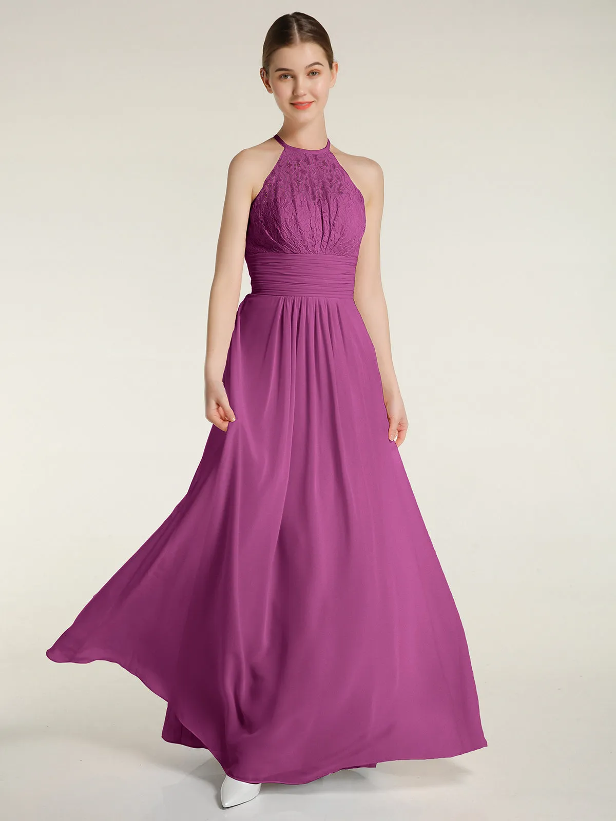 Halter Chiffon And Lace Long Dresses Orchid Plus Size