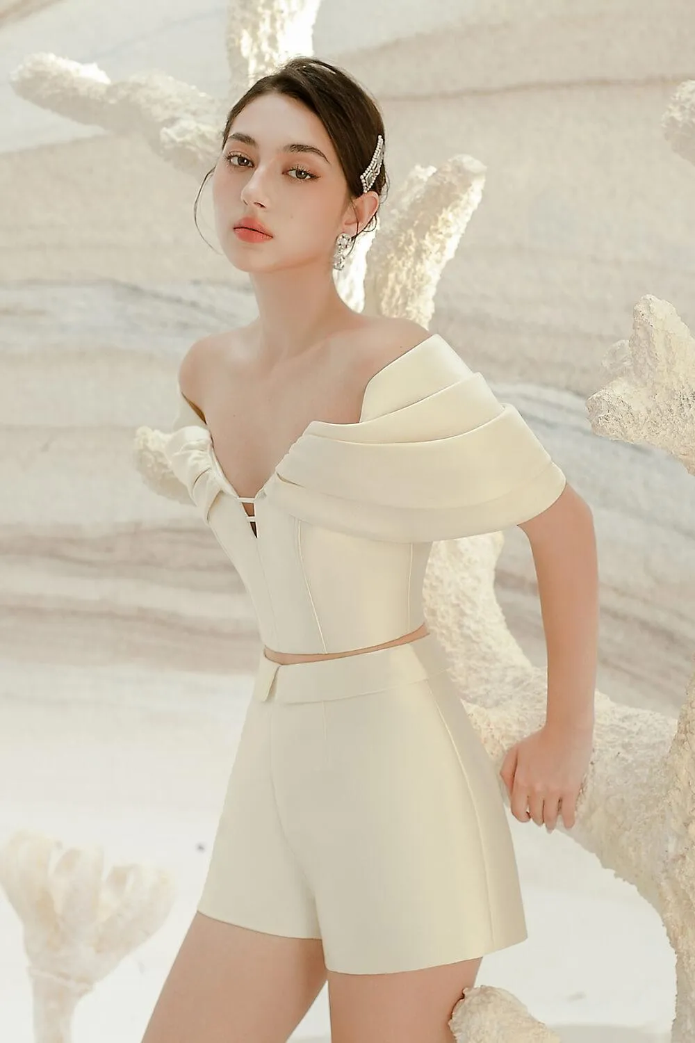 Hebe Draped Taffeta Thigh Length Shorts