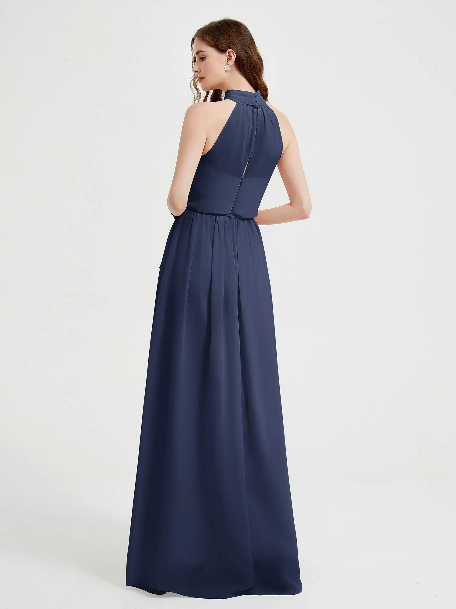 High Neck Chiffon Dresses with Slit and Sash Bow-Dark Navy Plus Size