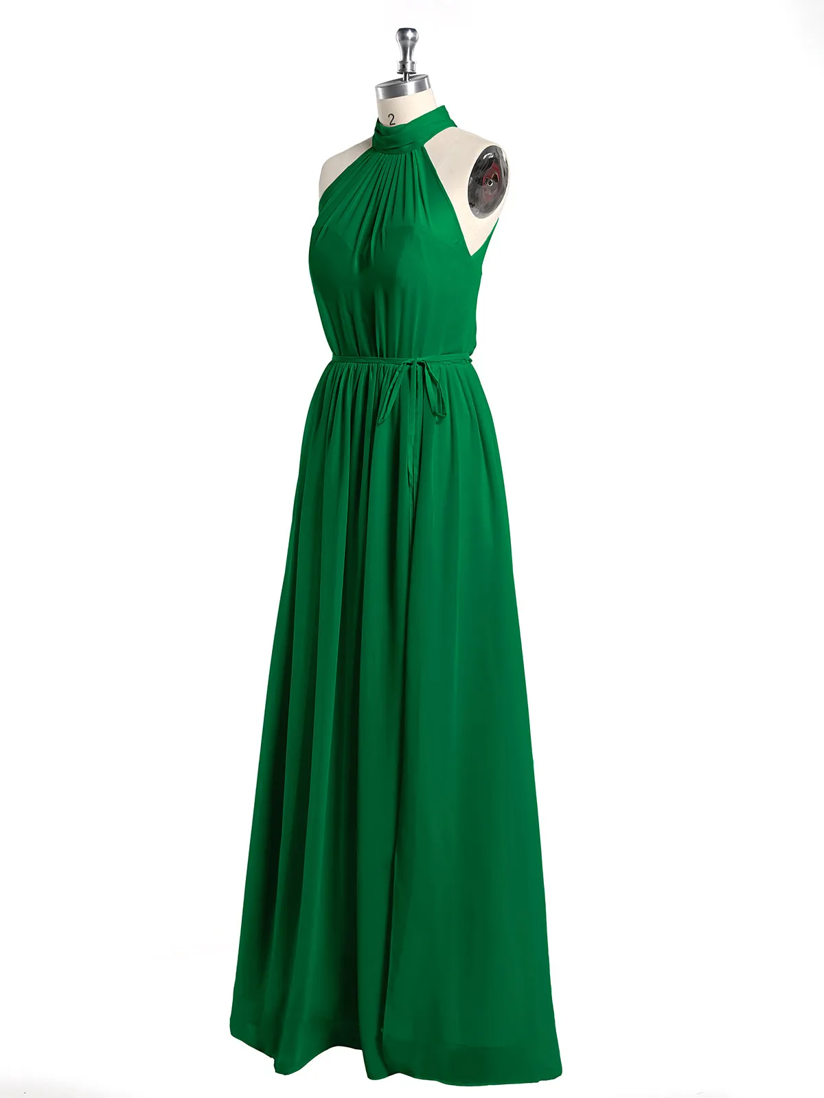 High Neck Chiffon Dresses with Slit and Sash Bow-Emerald