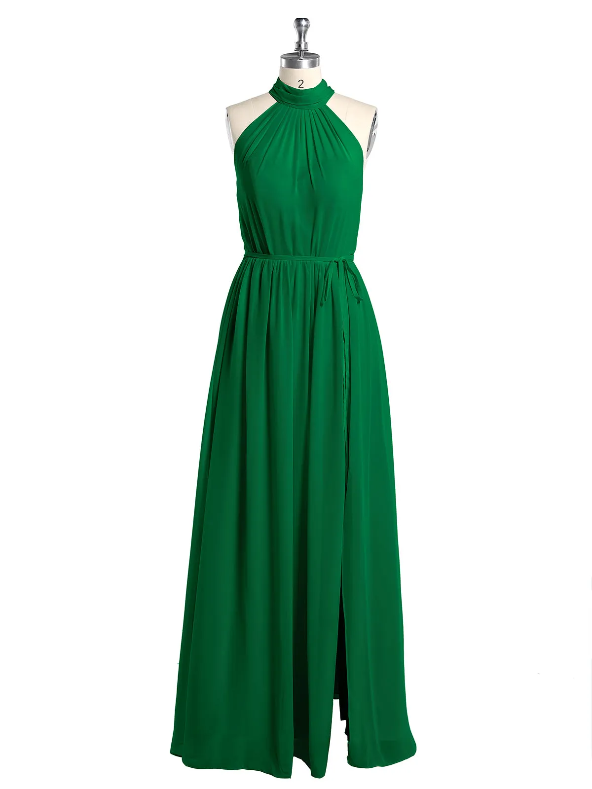 High Neck Chiffon Dresses with Slit and Sash Bow-Emerald