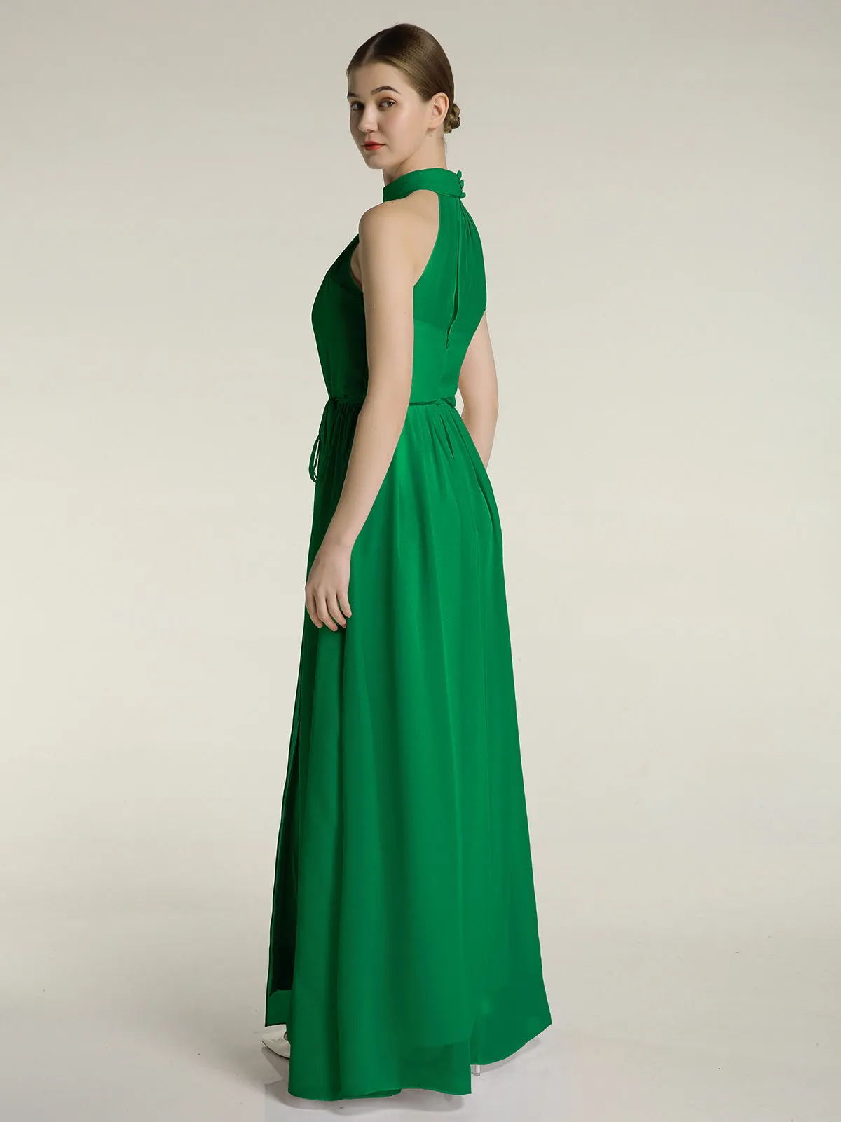 High Neck Chiffon Dresses with Slit and Sash Bow-Emerald