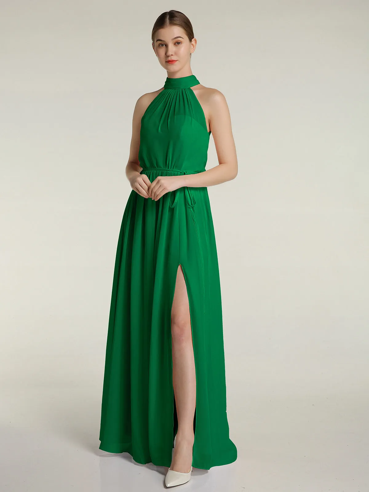 High Neck Chiffon Dresses with Slit and Sash Bow-Emerald