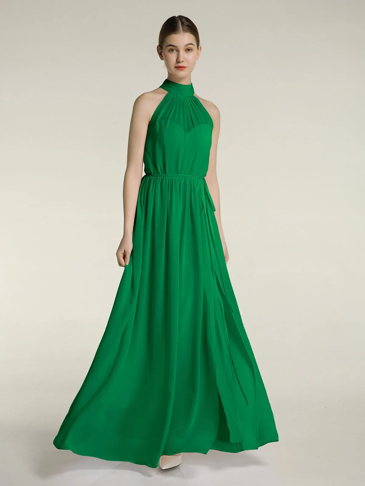 High Neck Chiffon Dresses with Slit and Sash Bow-Emerald