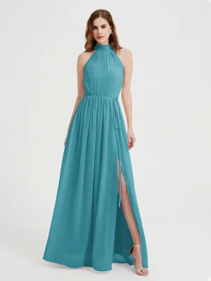 High Neck Chiffon Dresses with Slit and Sash Bow-Jade Plus Size