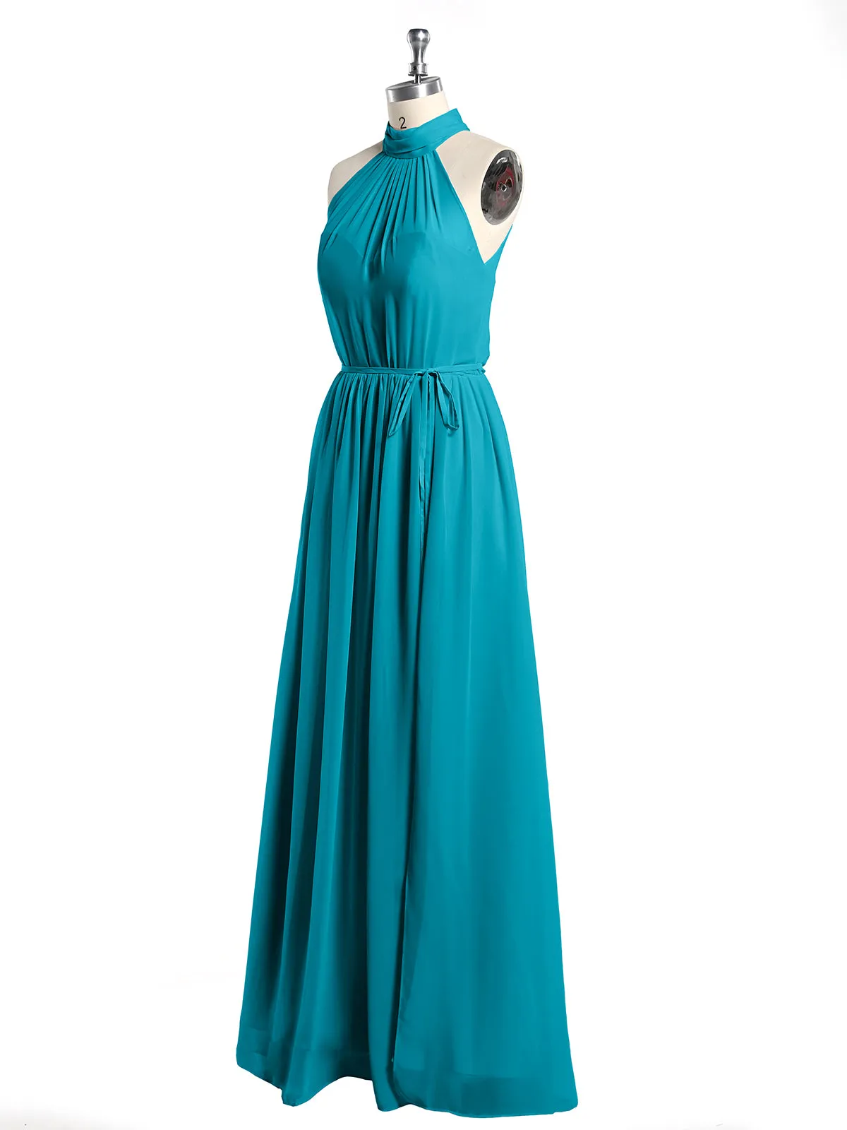 High Neck Chiffon Dresses with Slit and Sash Bow-Jade Plus Size