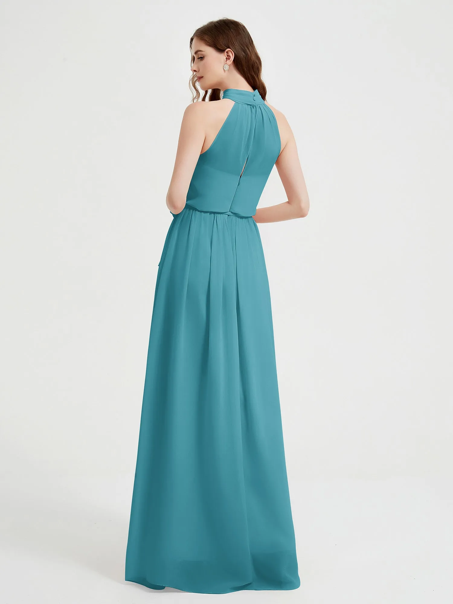 High Neck Chiffon Dresses with Slit and Sash Bow-Jade Plus Size