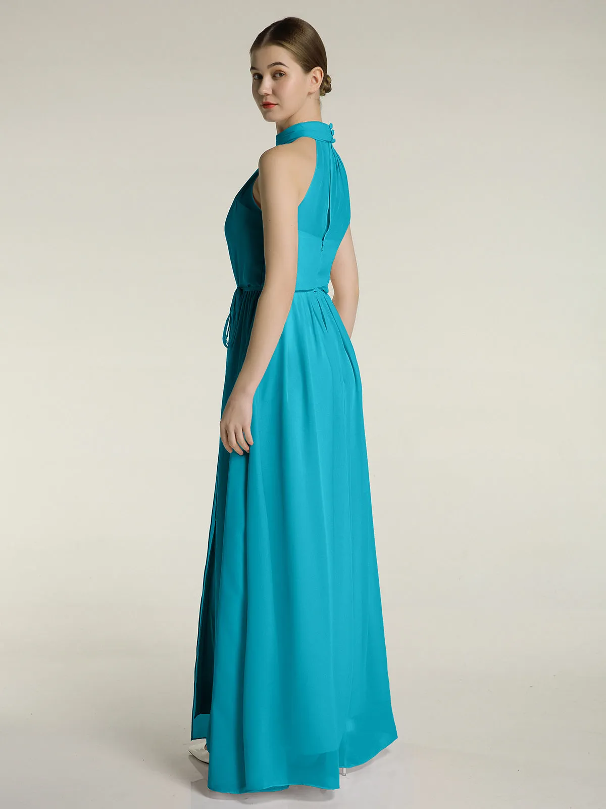 High Neck Chiffon Dresses with Slit and Sash Bow-Jade Plus Size