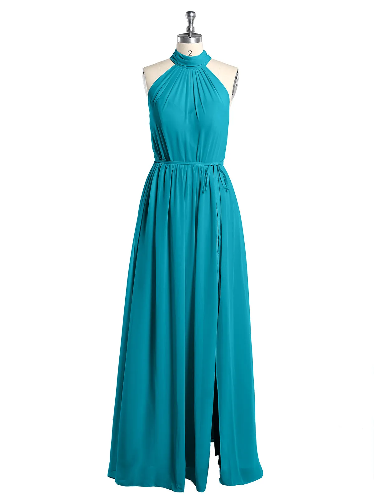 High Neck Chiffon Dresses with Slit and Sash Bow-Jade Plus Size