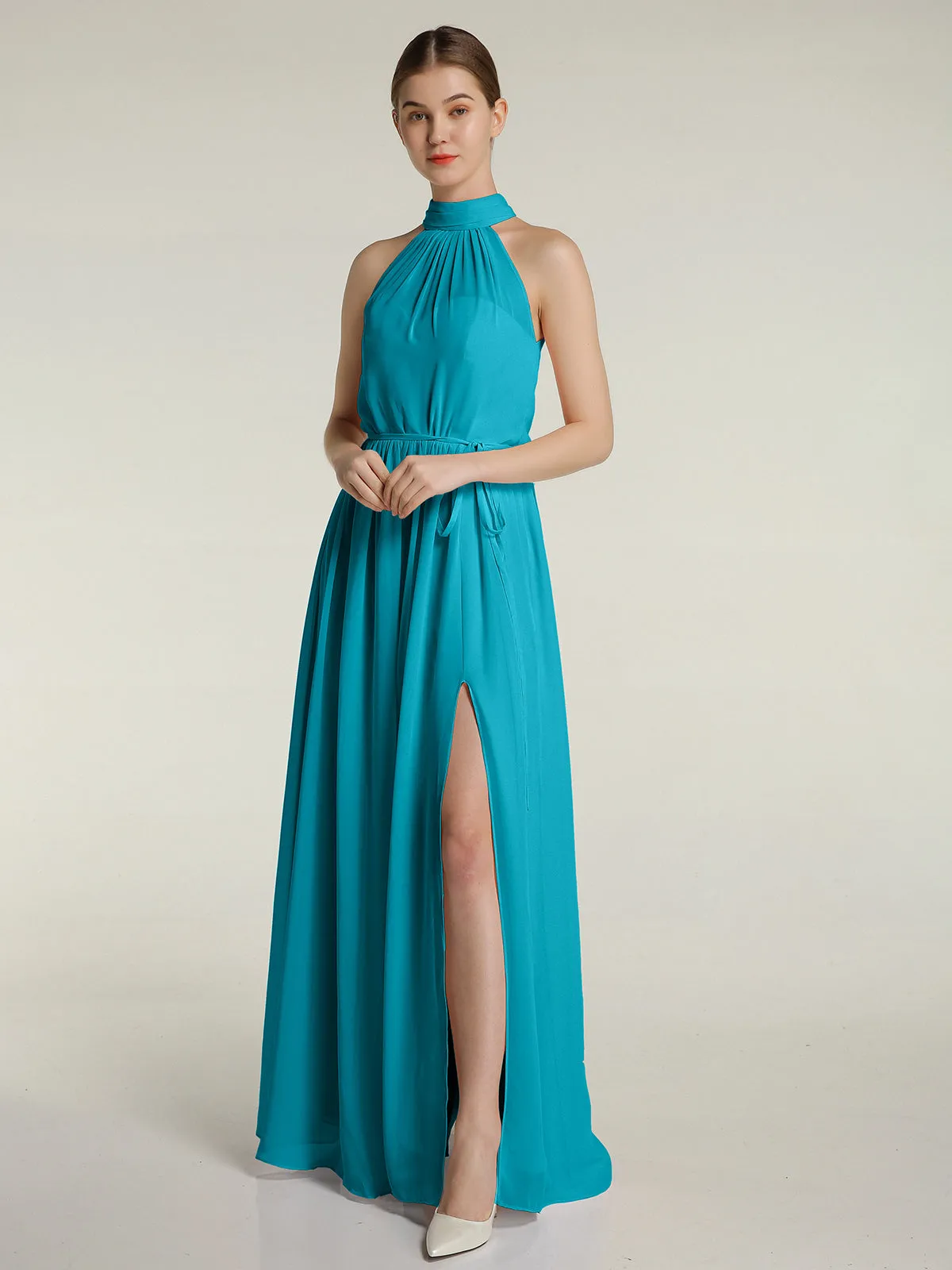 High Neck Chiffon Dresses with Slit and Sash Bow-Jade Plus Size
