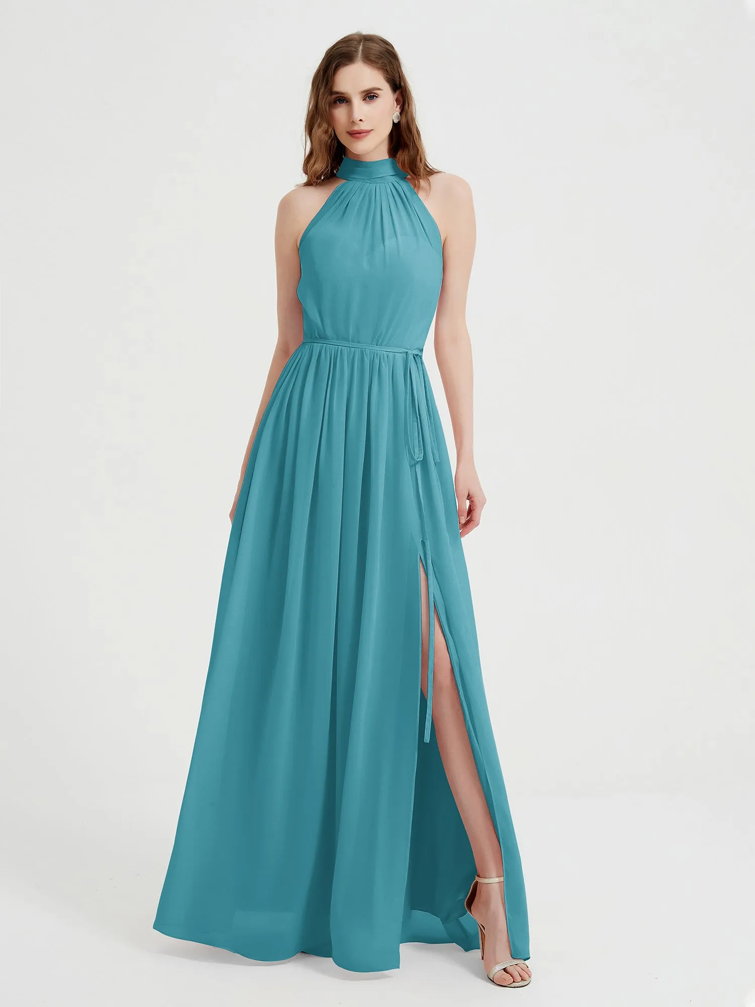 High Neck Chiffon Dresses with Slit and Sash Bow-Jade Plus Size