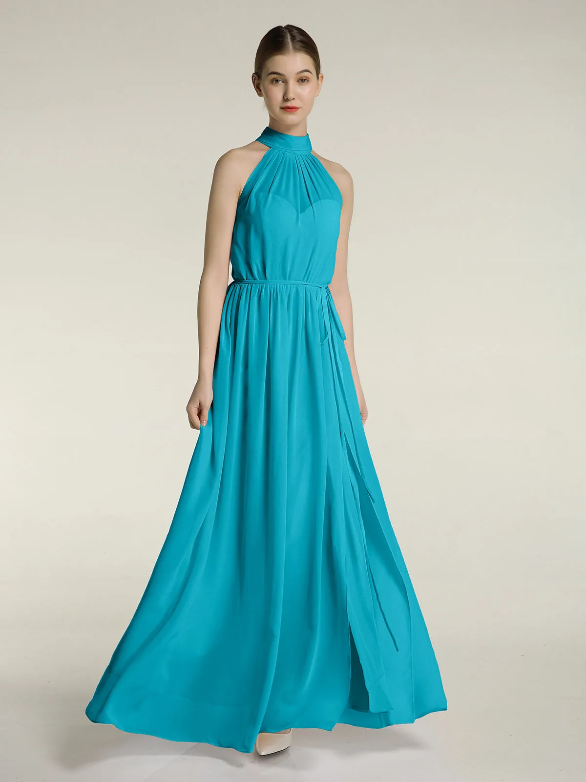 High Neck Chiffon Dresses with Slit and Sash Bow-Jade Plus Size