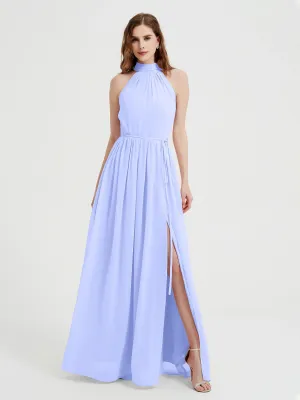 High Neck Chiffon Dresses with Slit and Sash Bow-Lavender Plus Size