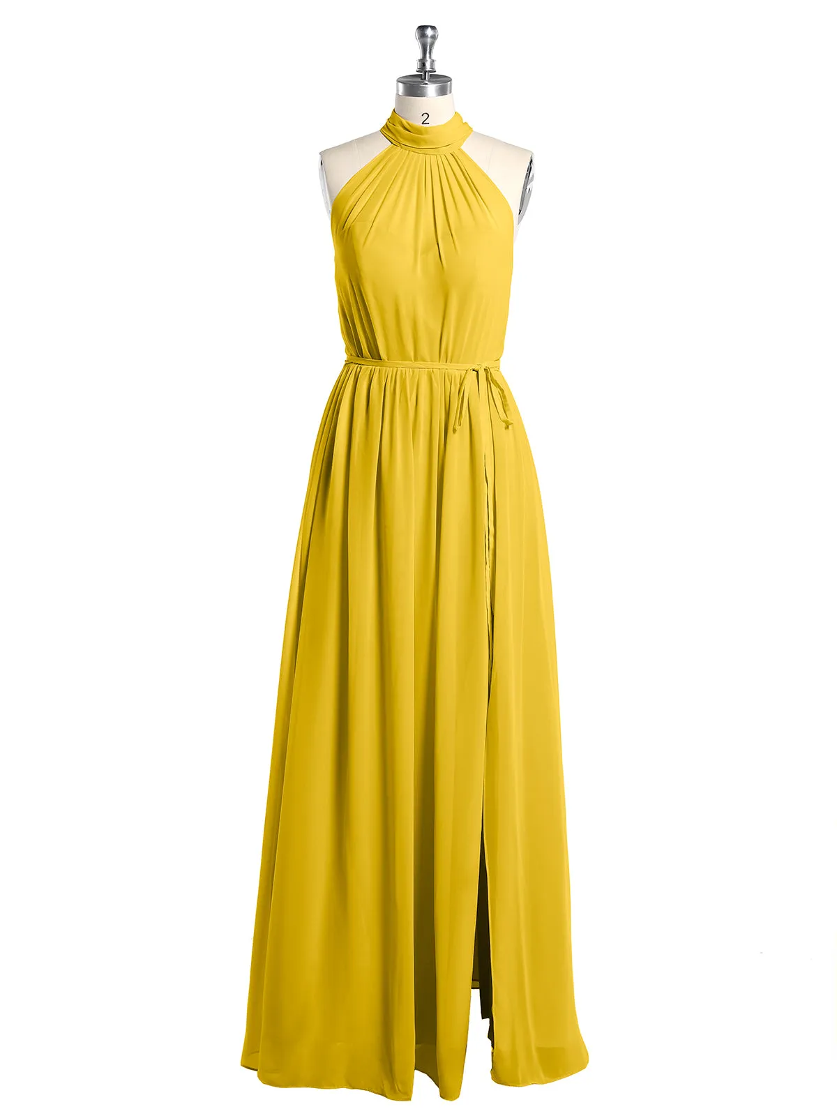 High Neck Chiffon Dresses with Slit and Sash Bow-Marigold