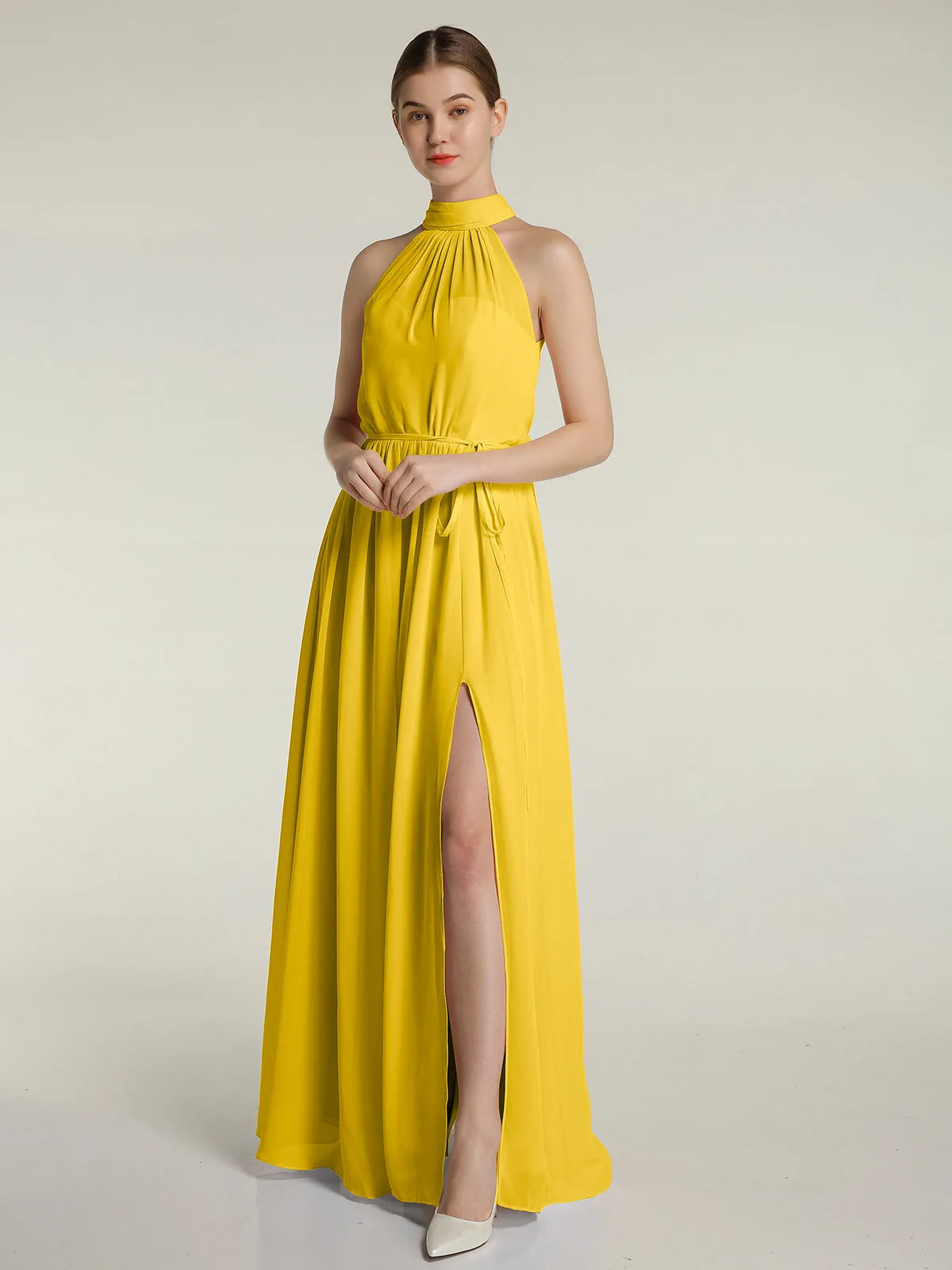 High Neck Chiffon Dresses with Slit and Sash Bow-Marigold