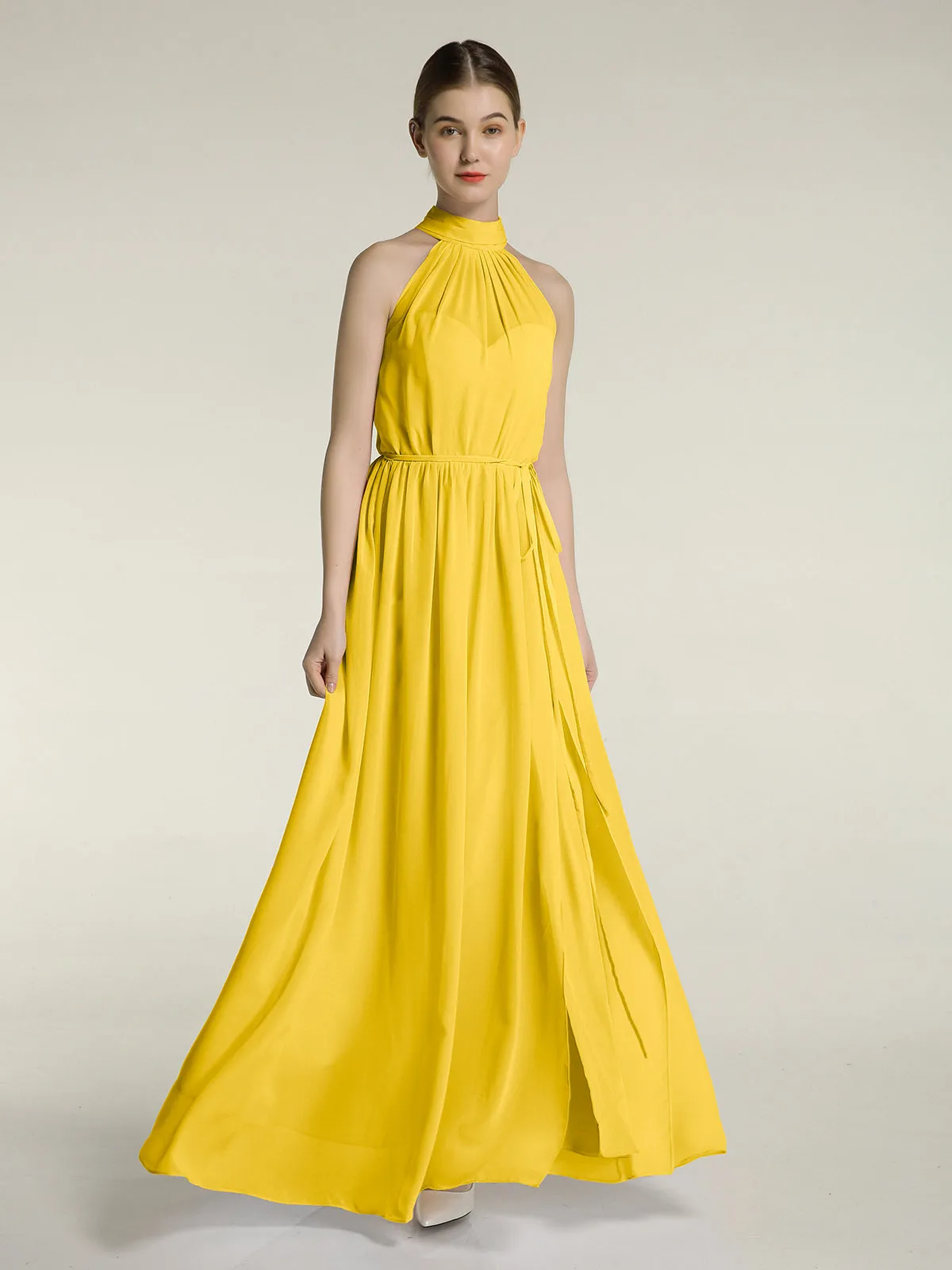 High Neck Chiffon Dresses with Slit and Sash Bow-Marigold