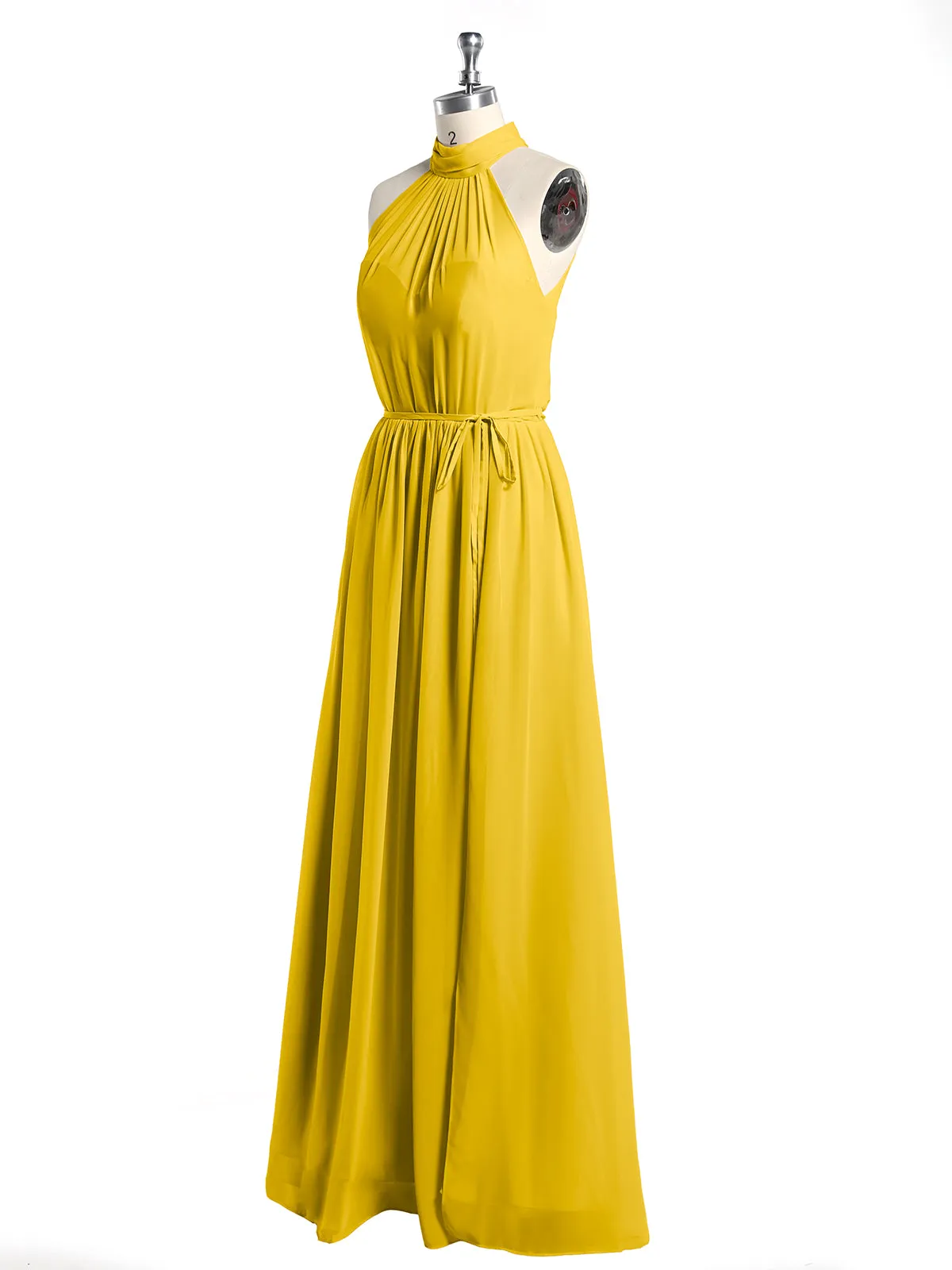 High Neck Chiffon Dresses with Slit and Sash Bow-Marigold