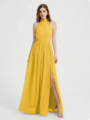 High Neck Chiffon Dresses with Slit and Sash Bow-Marigold