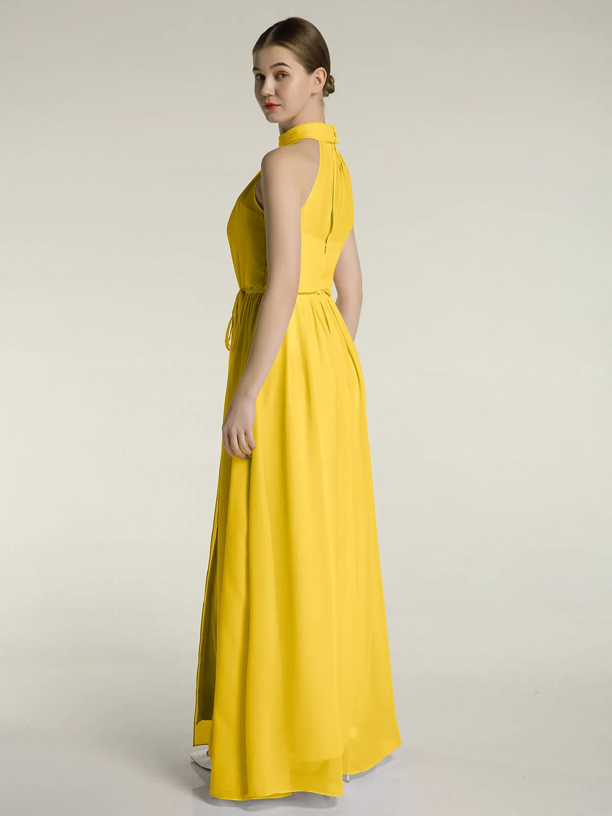 High Neck Chiffon Dresses with Slit and Sash Bow-Marigold