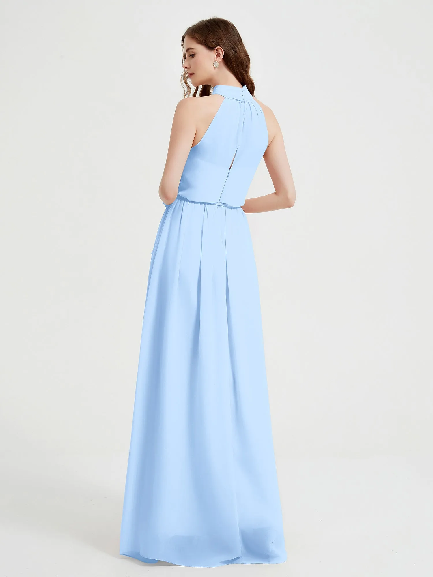 High Neck Chiffon Dresses with Slit and Sash Bow-Sky Blue Plus Size