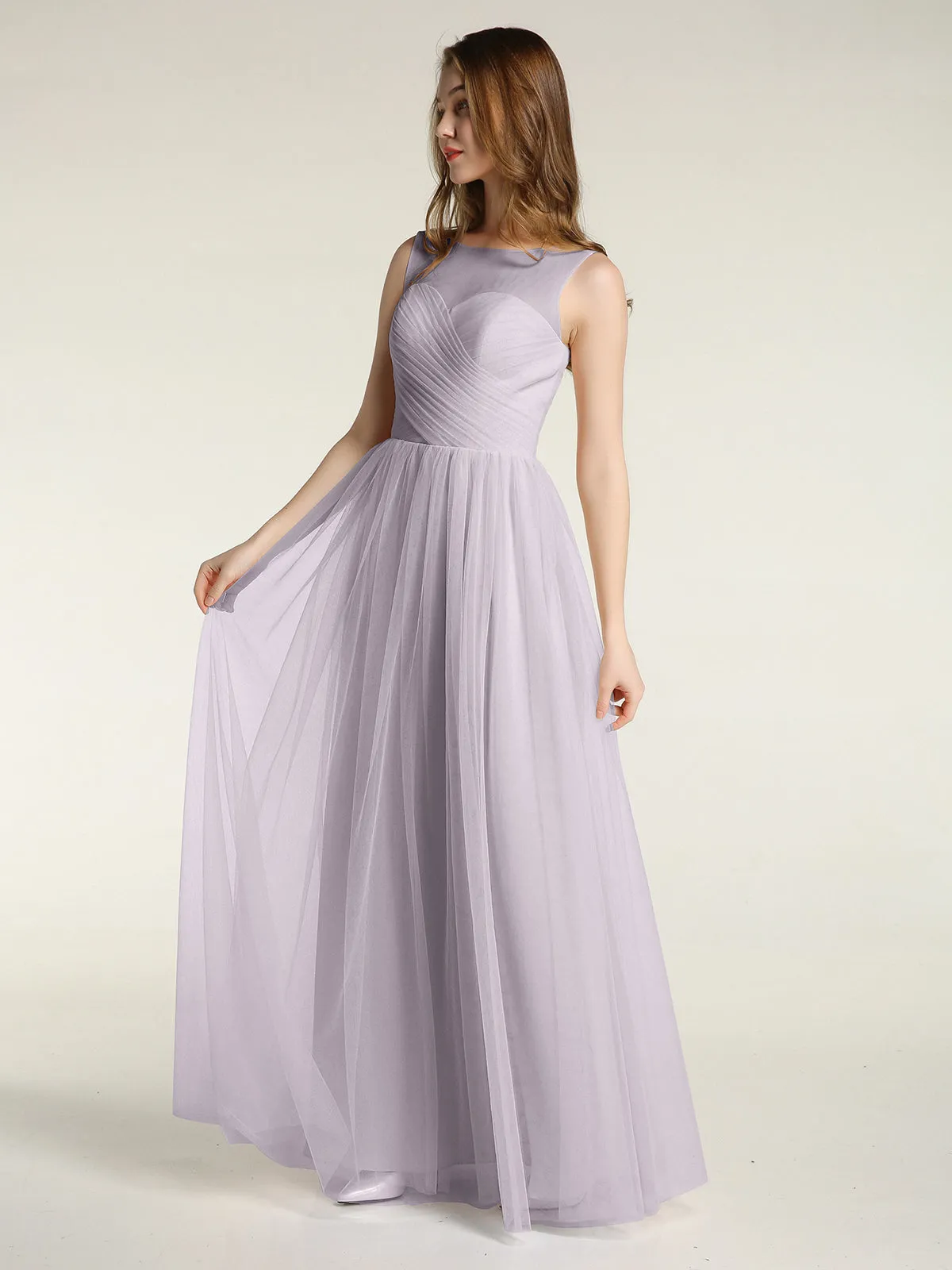 Illusion Neck Cross Tulle Bridesmaid Dresses-Dusk