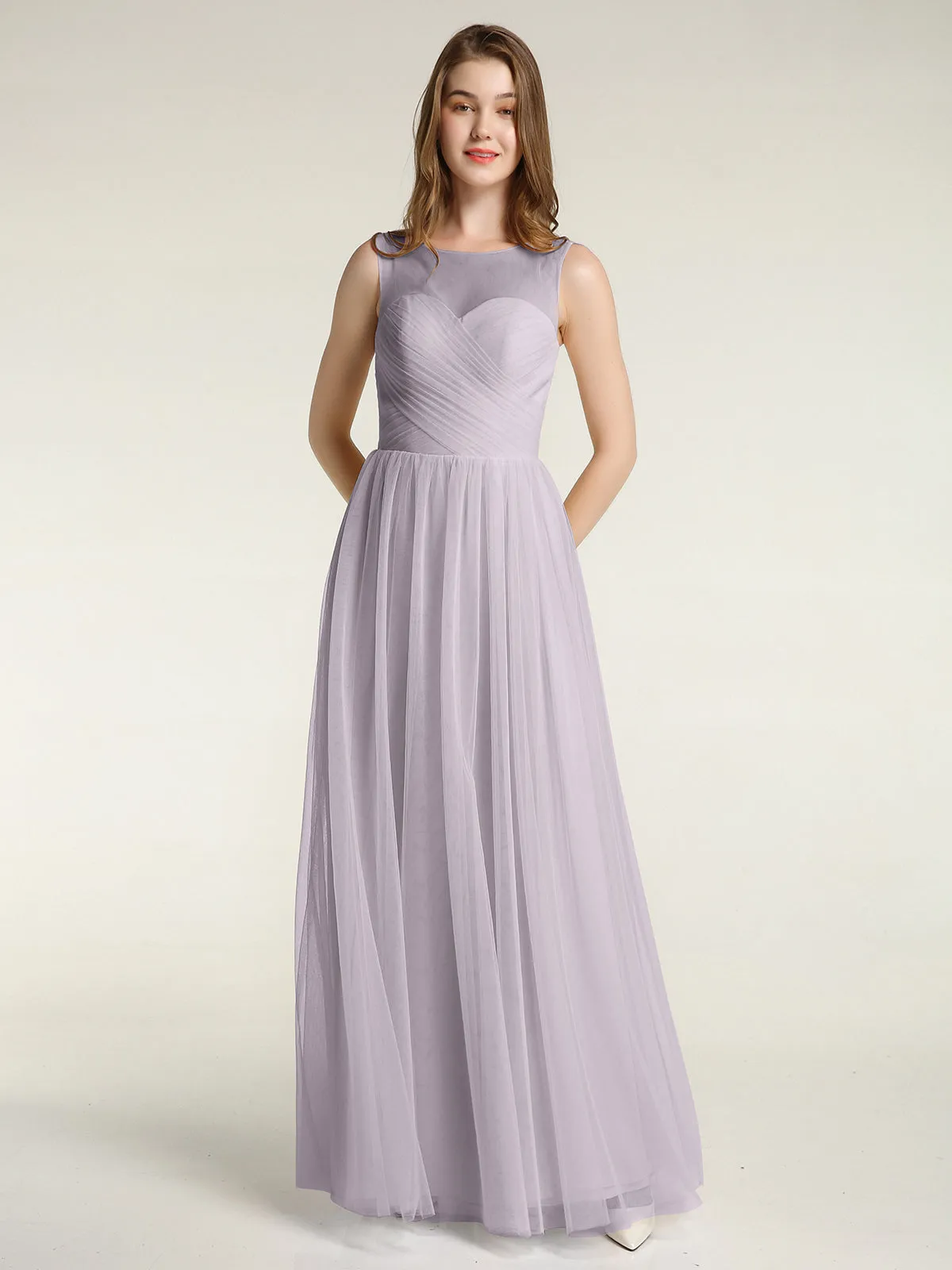 Illusion Neck Cross Tulle Bridesmaid Dresses-Dusk