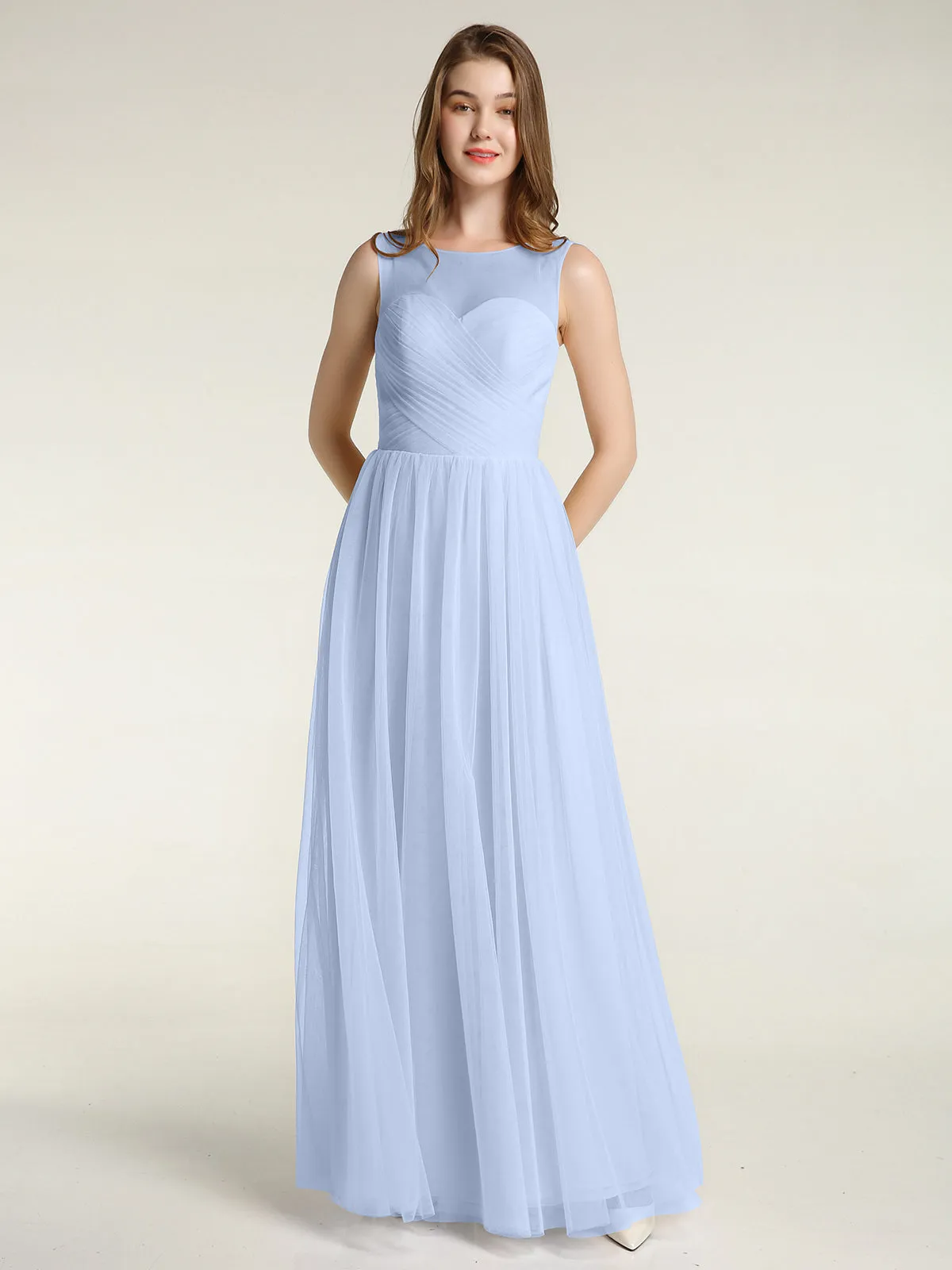 Illusion Neck Cross Tulle Bridesmaid Dresses-Sky Blue