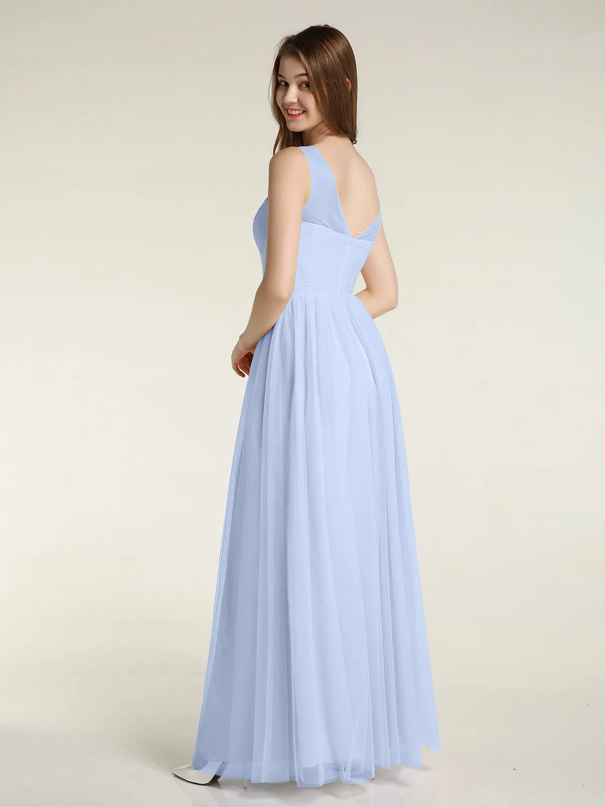 Illusion Neck Cross Tulle Bridesmaid Dresses-Sky Blue