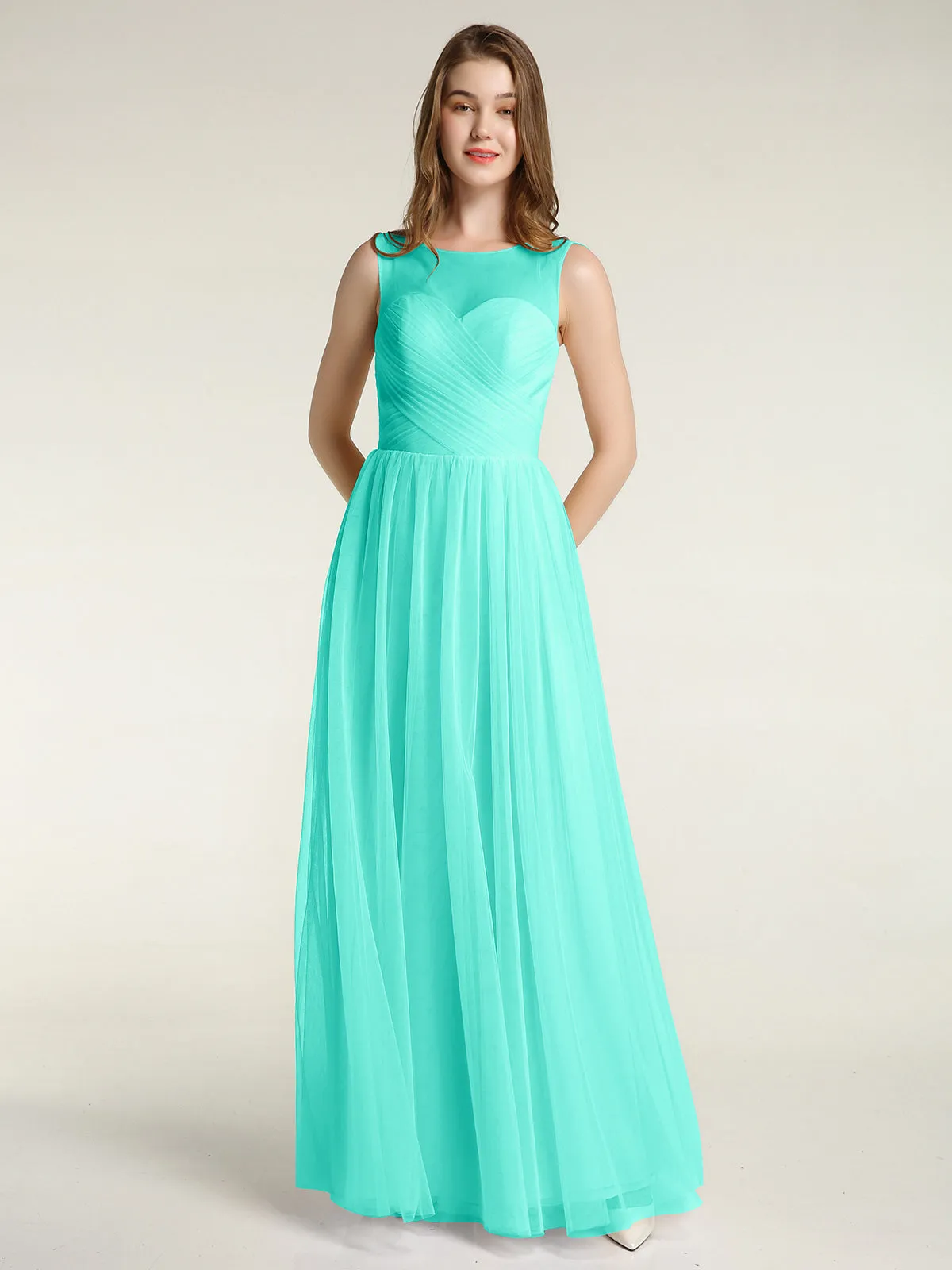 Illusion Neck Cross Tulle Bridesmaid Dresses-Spa
