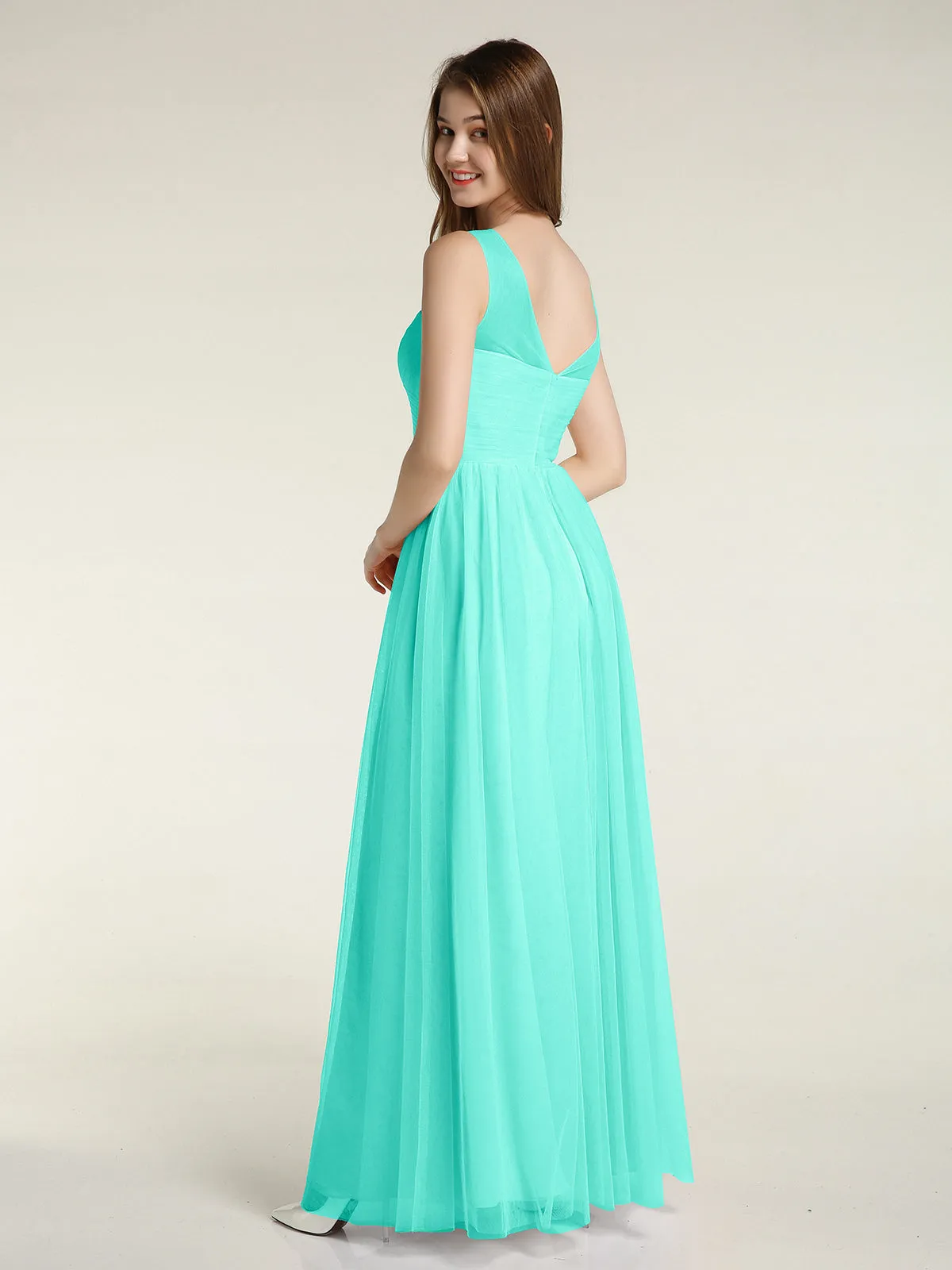 Illusion Neck Cross Tulle Bridesmaid Dresses-Spa